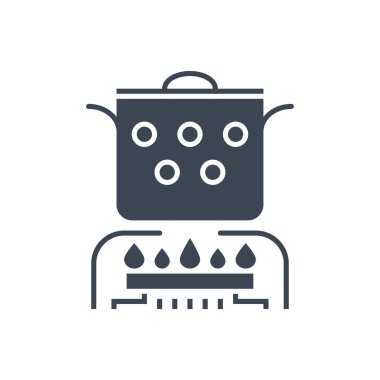 Sıcak yemek pişirme vektörü sembolü. Tava gaz ocağında. Sıcak yemek tabelası. Beyaz arka planda izole edilmiş. Düzenlenebilir vektör illüstrasyonu