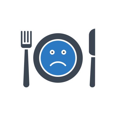 Loss of appetite related vector glyph icon. Cutlery, knife, fork and plate. On plate sad smiley. Loss of appetite sign. Isolated on white background. Editable vector illustration clipart