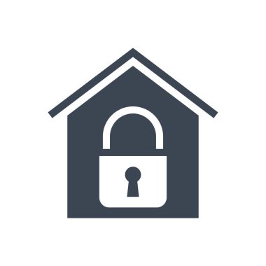 Karantinaya bağlı vektör sembolü. İçinde kilit olan basit bir ev simgesi. Karantina işareti. Beyaz arka planda izole edilmiş. Düzenlenebilir vektör illüstrasyonu