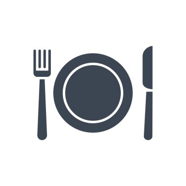 Tabak, Çatal ve Bıçak İlgili Vektör Sembol Simgesi. Menü işareti. Beyaz Arkaplanda İzole Edilmiş