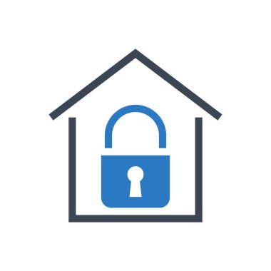 Karantinaya bağlı vektör sembolü. İçinde kilit olan basit bir ev simgesi. Karantina işareti. Beyaz arka planda izole edilmiş. Düzenlenebilir vektör illüstrasyonu