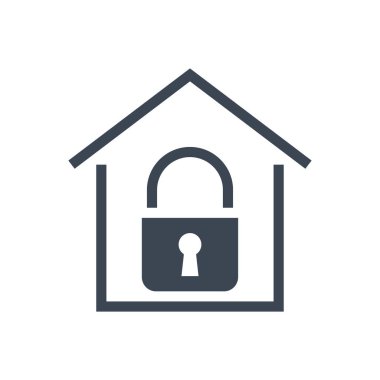 Karantinaya bağlı vektör sembolü. İçinde kilit olan basit bir ev simgesi. Karantina işareti. Beyaz arka planda izole edilmiş. Düzenlenebilir vektör illüstrasyonu