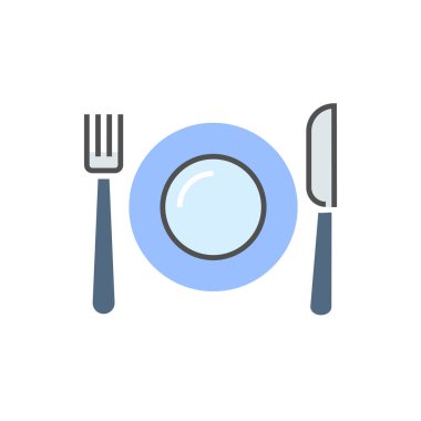Plate, Fork and Knife Icon. Plate, Fork and Knife Related Vector Flat Icon. Editable EPS