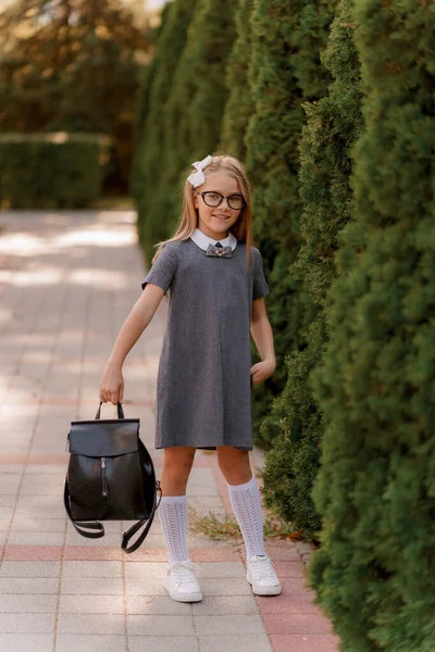 Girl Gray Dress Similar School One Glasses Spinning Briefcase — Stock fotografie