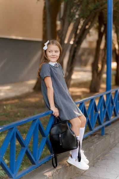 Girl Gray Dress Glasses Similar School One Briefcase Park — Stock fotografie
