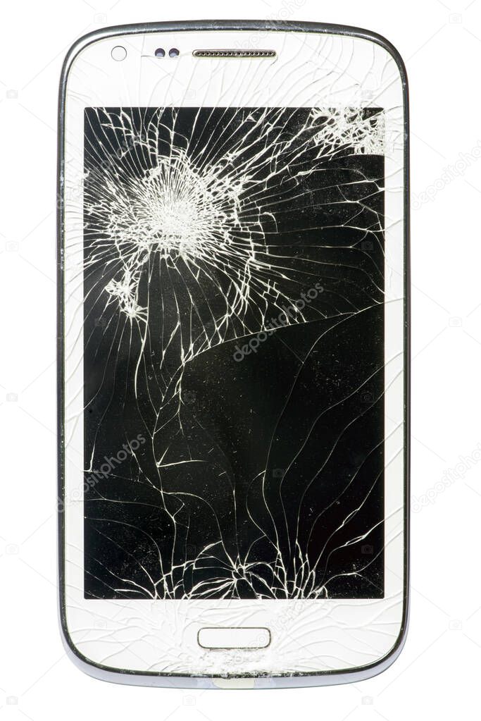 A smartphone with a shattered screen, isolated over white, including clipping path.