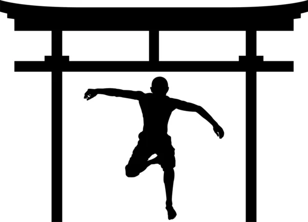 Homme sautant dans torii gate — Image vectorielle