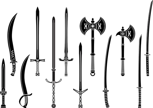 Set of stencils of fantasy swords and axes — Stock Vector