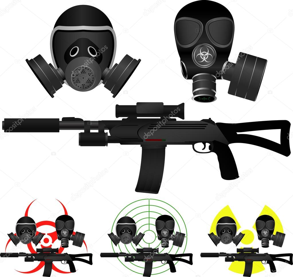 sniper rifle and gas masks