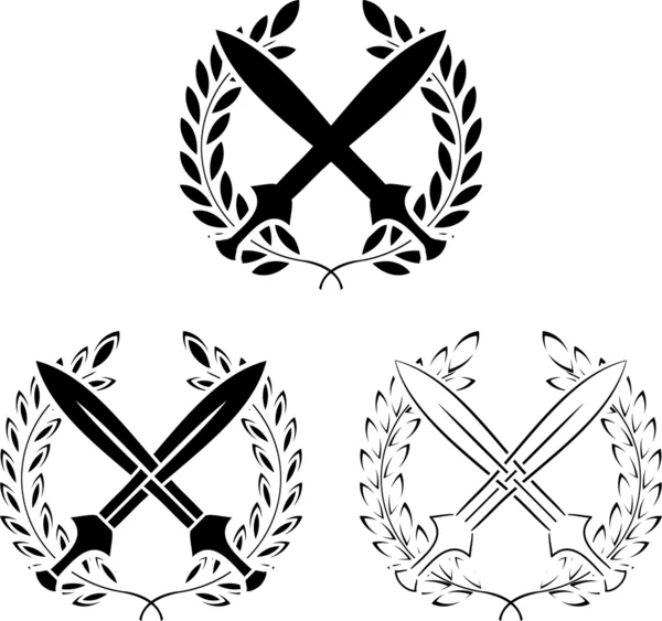 Conjunto de espadas cruzadas com coroas de louro — Vetor de Stock