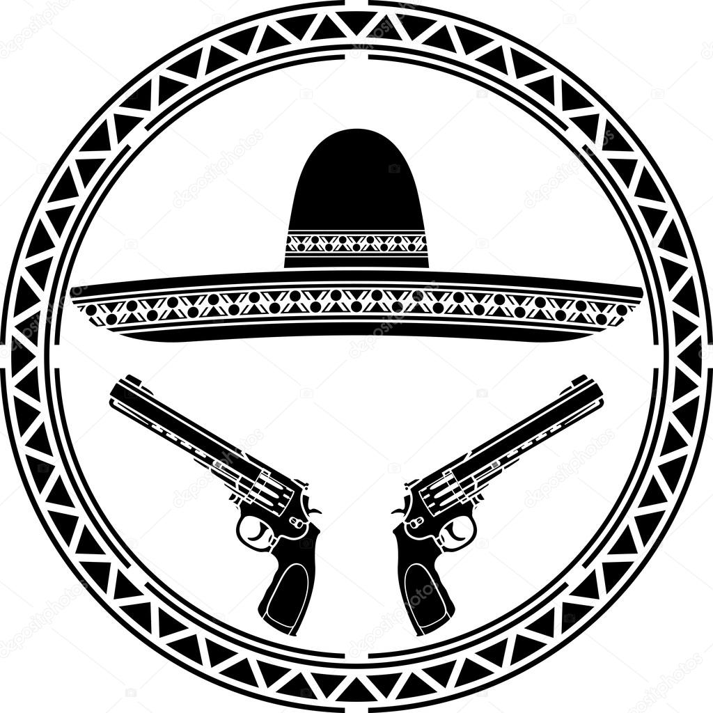 Stencil of mexican sombrero and two pistols