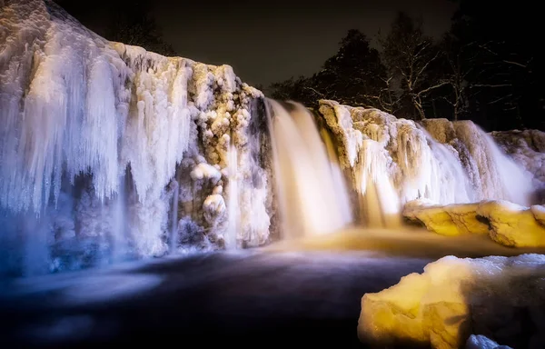 Nachtansicht Des Winterwasserfalls Keila Estland — Stockfoto