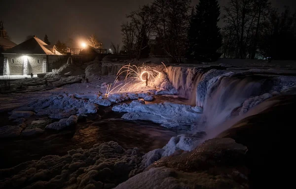 Vista Nocturna Cascada Invierno Keila Estonia —  Fotos de Stock