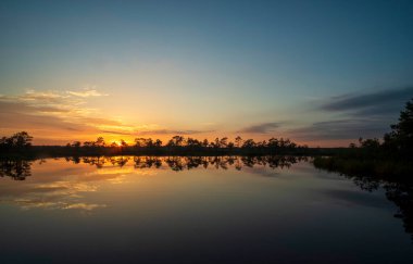 Estonya 'da bataklık gölünde muhteşem bir gün batımı