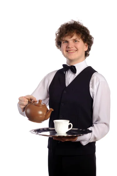 Ober met bruin keramiek theepot — Stockfoto