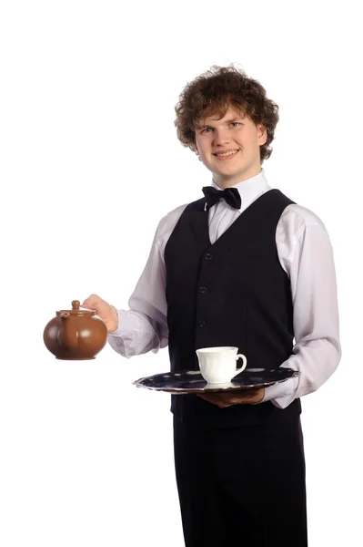 Waiter with brown ceramic teapot — Stock Photo, Image