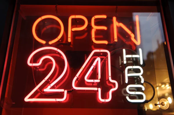 Signboard with word "open 24" night — Stock Photo, Image