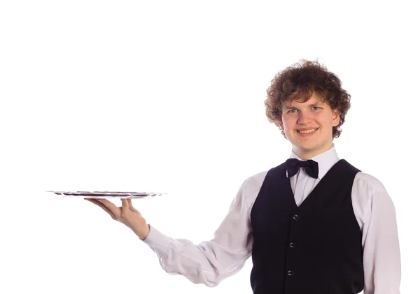 Young handsome waiter with tray — Stock Photo, Image