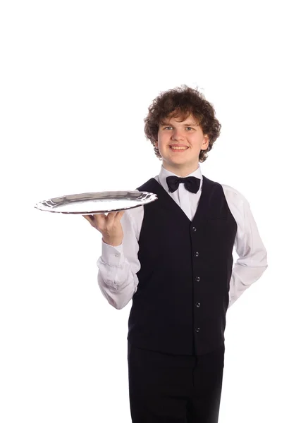 Young handsome waiter with tray — Stock Photo, Image