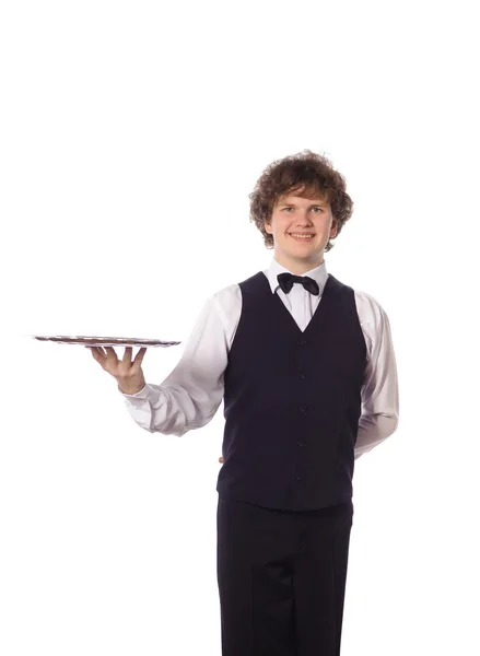 Young handsome waiter with tray — Stock Photo, Image