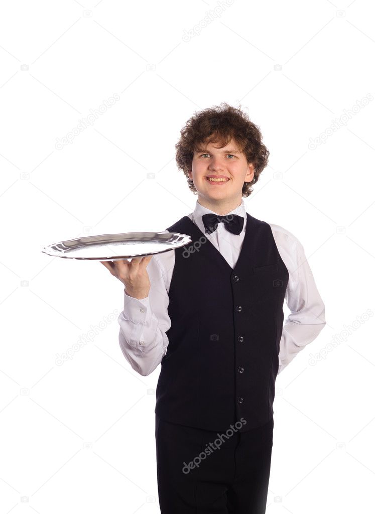 young handsome waiter with tray