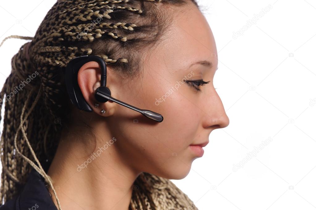 woman with bluetooth hands-free headset