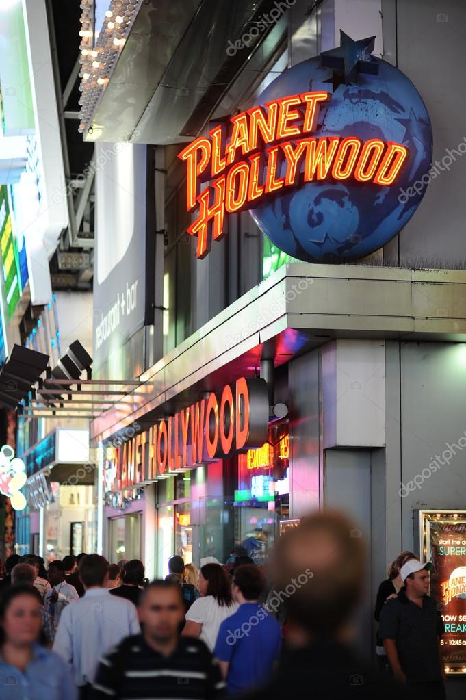 NEW YORK - SEPTEMBER 28: Planet Hollywood logo at night on September 28, 2011 in New-York, USA. Planet Hollywood, a theme restaurant inspired by the popular portrayal of Hollywood, was launched in New York on October 22, 1991, with the backing of Hol