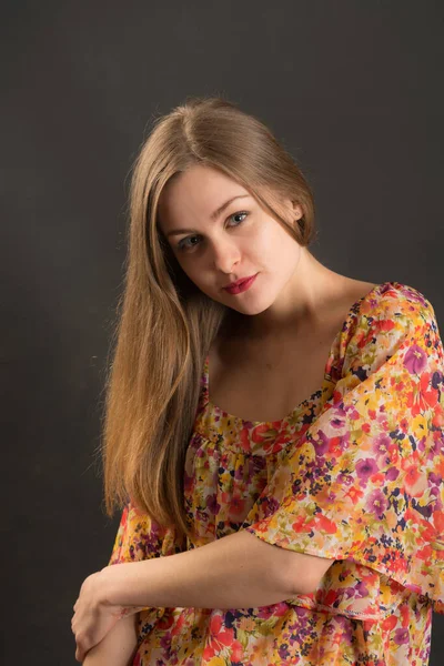 Studio Portrait Girl Long Hair Black Background — Stock Photo, Image