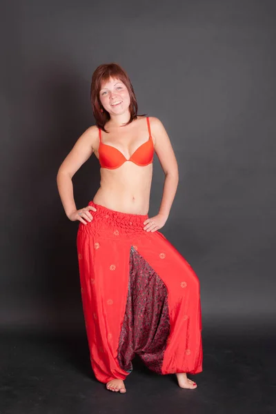 Studio Portrait Woman Red Bloomers — Stock Photo, Image