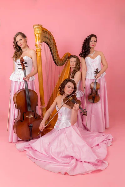 Portrait Quatuor Cordes Sur Fond Rose — Photo