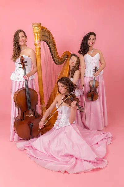 Retrato Quarteto Cordas Fundo Rosa — Fotografia de Stock