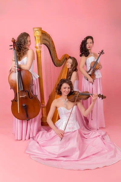 Retrato Quarteto Cordas Fundo Rosa — Fotografia de Stock