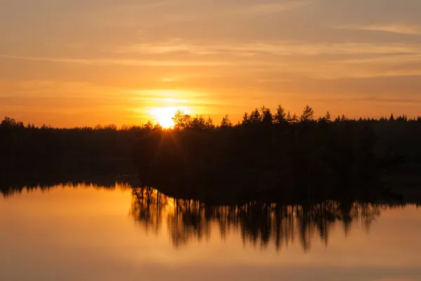 Heldere Zonsondergang Boven Het Meer Het Bos — Stockfoto