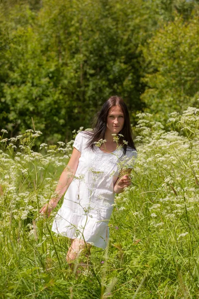 一个穿着白色衣服的女孩在草地上的画像 上面开着白花 — 图库照片