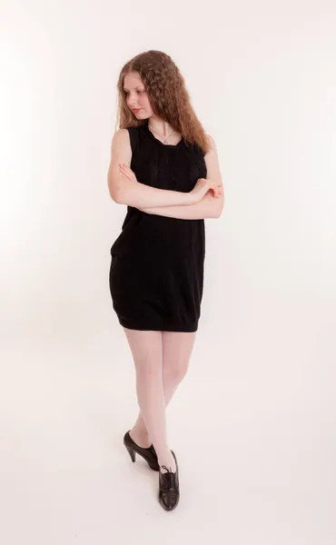 Retrato Estúdio Menina Adolescente Vestido Preto — Fotografia de Stock
