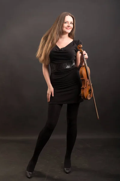 Portrait Studio Femme Robe Noire Avec Violon — Photo