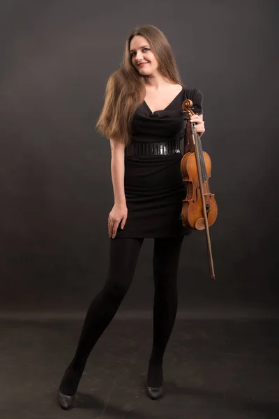 Portrait Studio Femme Robe Noire Avec Violon — Photo