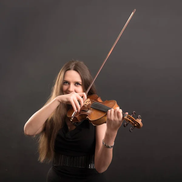 Studio Porträtt Violinist Svart Klänning — Stockfoto