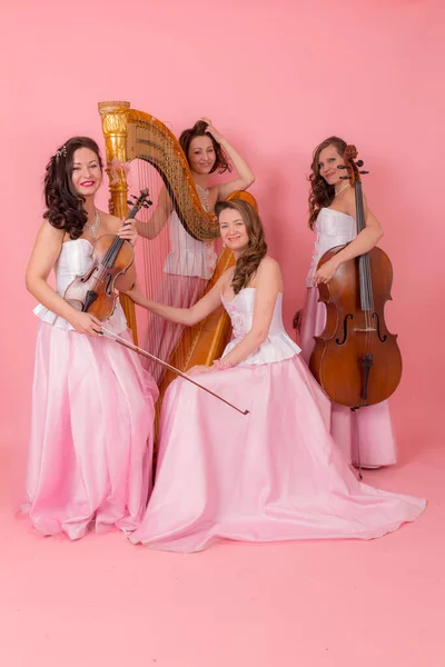 Retrato Cuarteto Cuerda Sobre Fondo Rosa — Foto de Stock