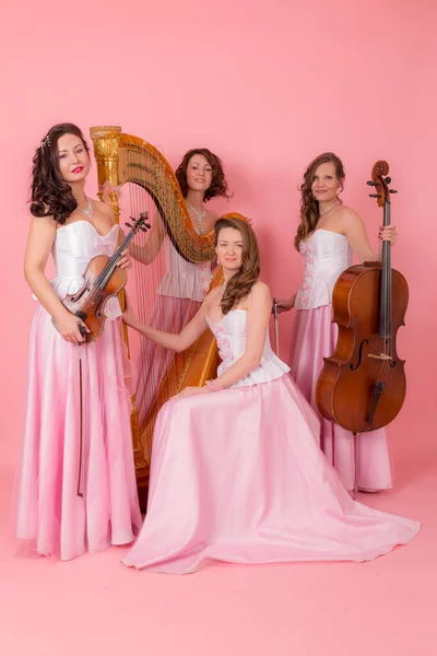 Retrato Quarteto Cordas Fundo Rosa — Fotografia de Stock