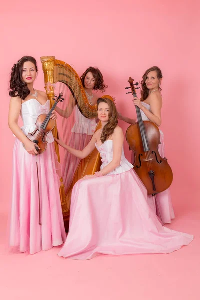 粉红的底色上一个弦乐四重奏的肖像 — 图库照片