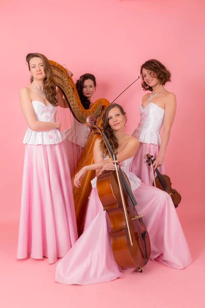 Retrato Estudio Cuarteto Cuerda Sobre Fondo Rosa — Foto de Stock