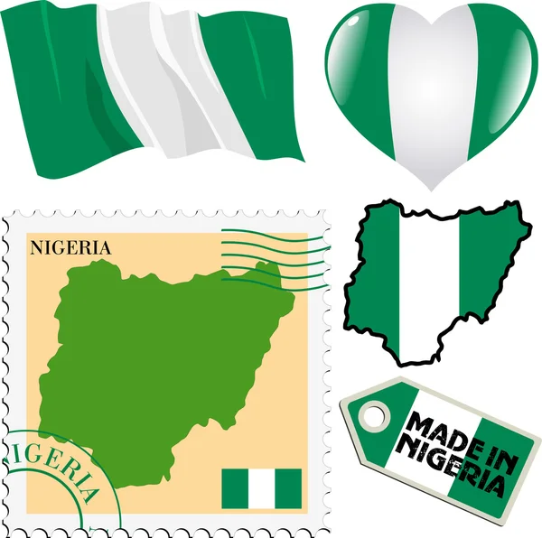 Zestaw różnych symboli w kolorach narodowych Nigerii — Wektor stockowy