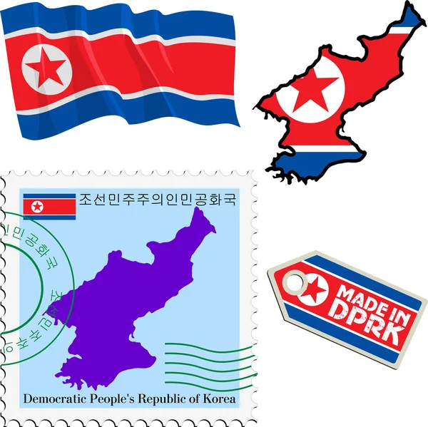 Set of different symbols in national colours of North Korea — Stock Vector