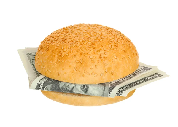Sanduíche com dinheiro no fundo branco — Fotografia de Stock