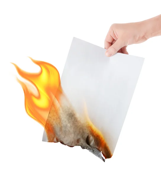 Papier brûlant à la main sur fond blanc — Photo