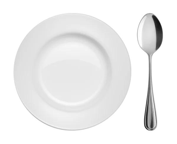 Plate and spoon on white background — Stock Photo, Image
