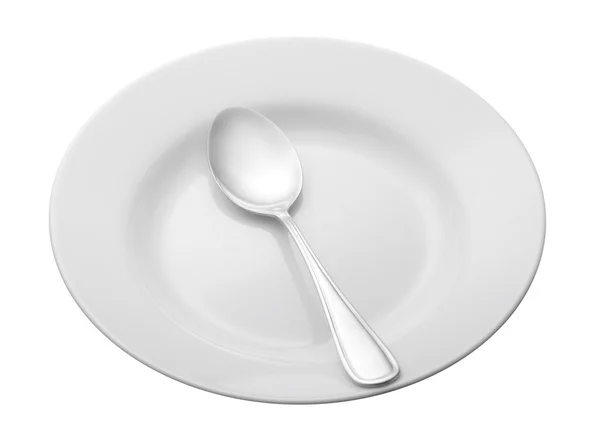 Plate and spoon on white background — Stock Photo, Image