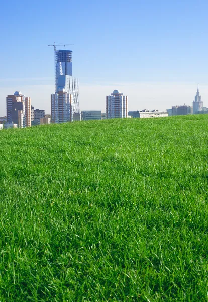 都市。超高層ビルの建設。青空。芝生. — ストック写真