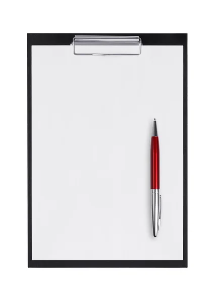 Clipboard with blank paper and pen on a white background — Stock Photo, Image